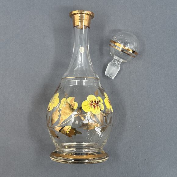 VTG Wine Decanter 15 Floral Hand Painted Romanian Crystal Gold Yellow MCM Carafe - Picture 2 of 16
